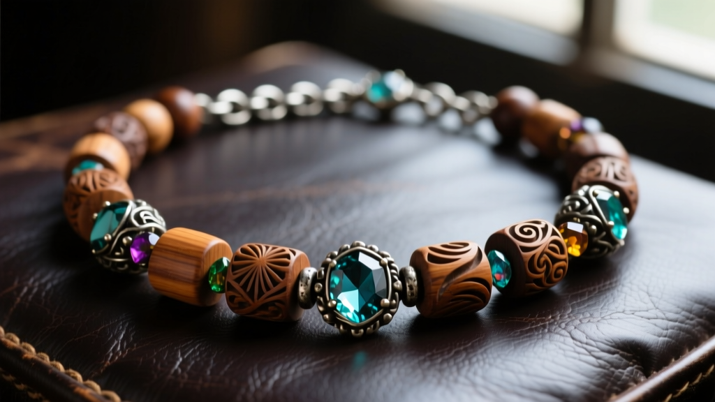Close-up of a fantasy necklace with carved wood and gemstone beads on a thick oxidized silver chain, resting on dark leather.