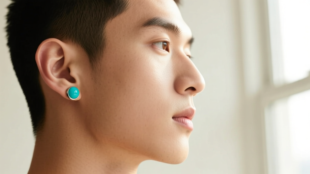 Side profile showing an ear contour with a small opaque turquoise stud, demonstrating ideal biometric passport photo framing.