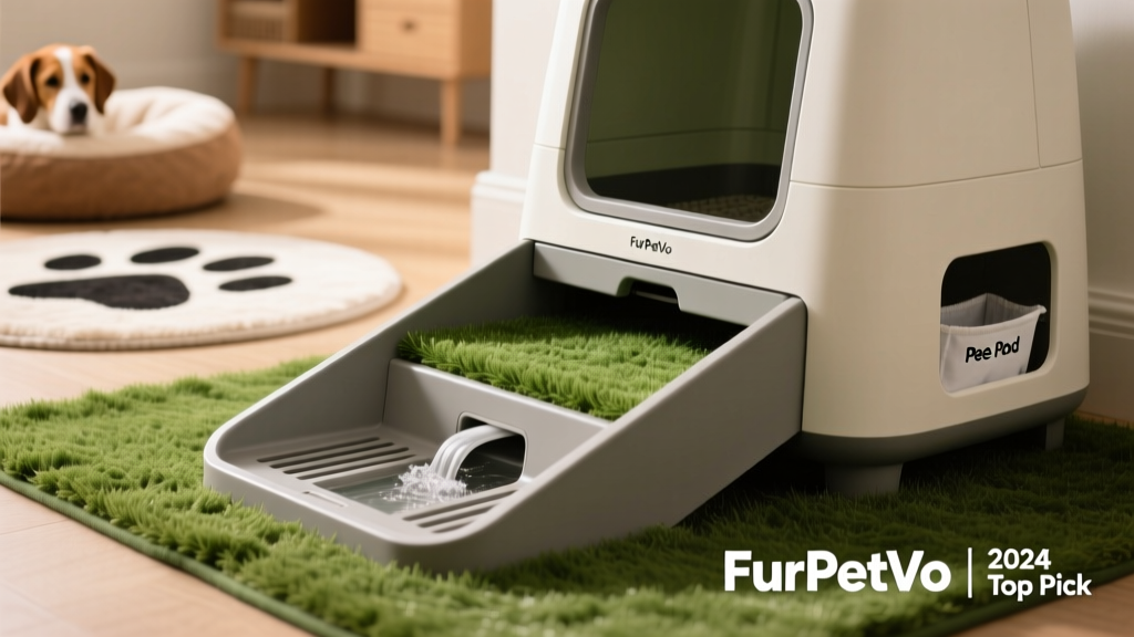 Side view of the FurPetVo Portable Indoor Dog Potty showing the layered design: grass mat, slanted channeling tray, and removable Pee Pod liner