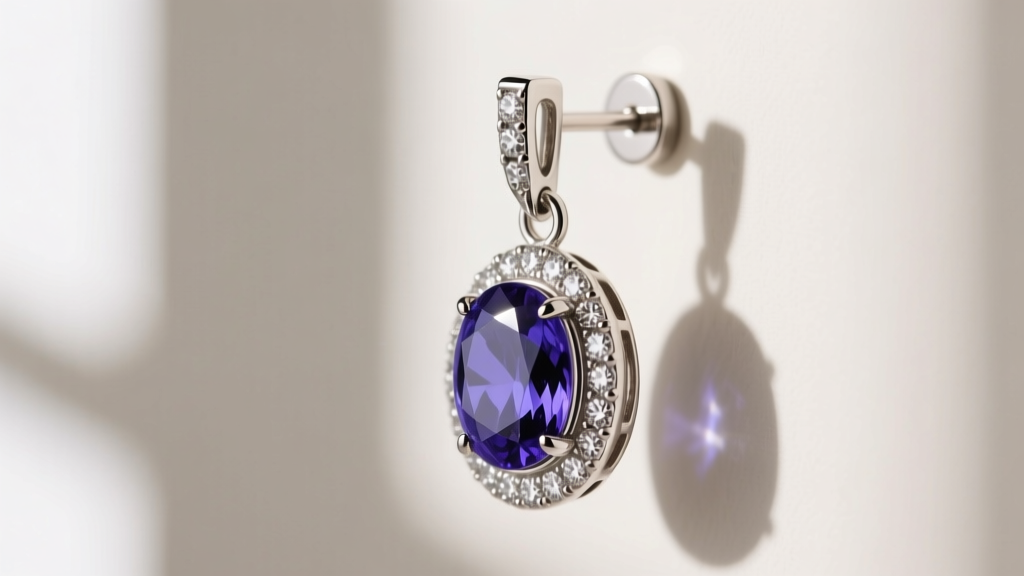 Side view of a bezel-set tanzanite and diamond drop earring in platinum, highlighting the secure setting and friction backing.