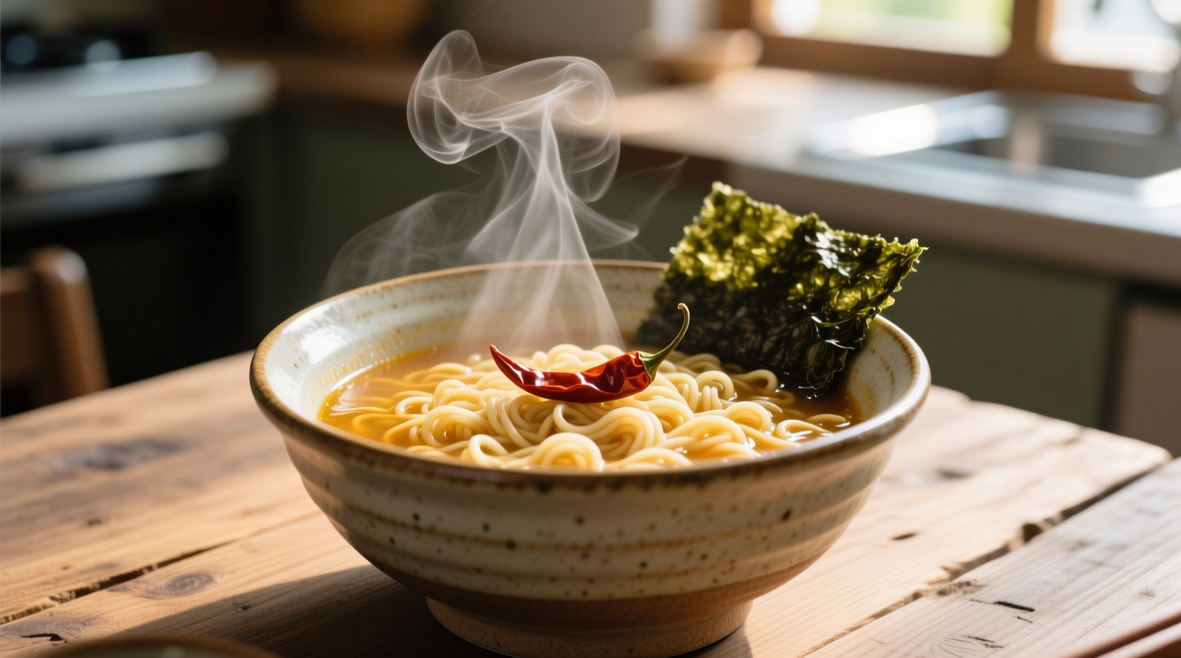 Microwave ramen cooking in ceramic bowl