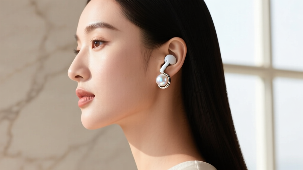 Side profile of a woman wearing a discreet pearl-faced smart audio earring, highlighting the seamless blend of tech and style.