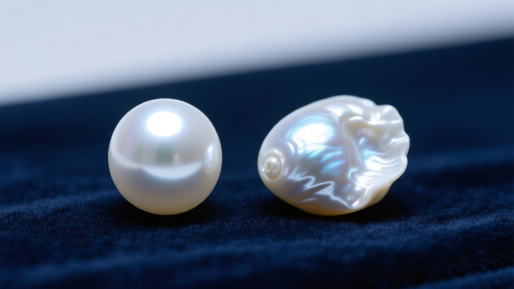 Macro shot of a round AAA white freshwater pearl beside an irregular baroque pearl on dark navy velvet, soft studio lighting.