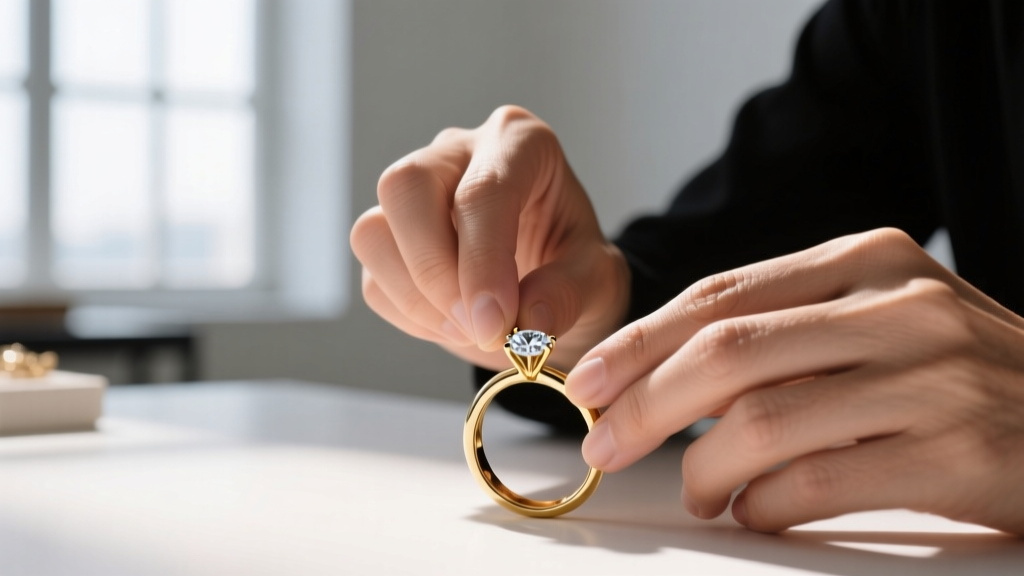 Jeweler's loupe inspecting the stamped JA hallmark and 14k mark on a solid gold James Avery ring against a blurred dark background