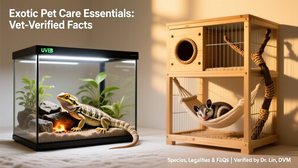 Side-by-side comparison of proper enclosures: a spacious terrarium for a bearded dragon with UVB lighting and basking spot, and a secure, multi-level cage for a sugar glider with nesting pouches and climbing branches