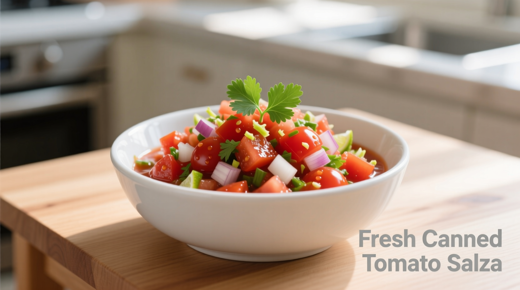 Fresh canned tomato salsa in white bowl