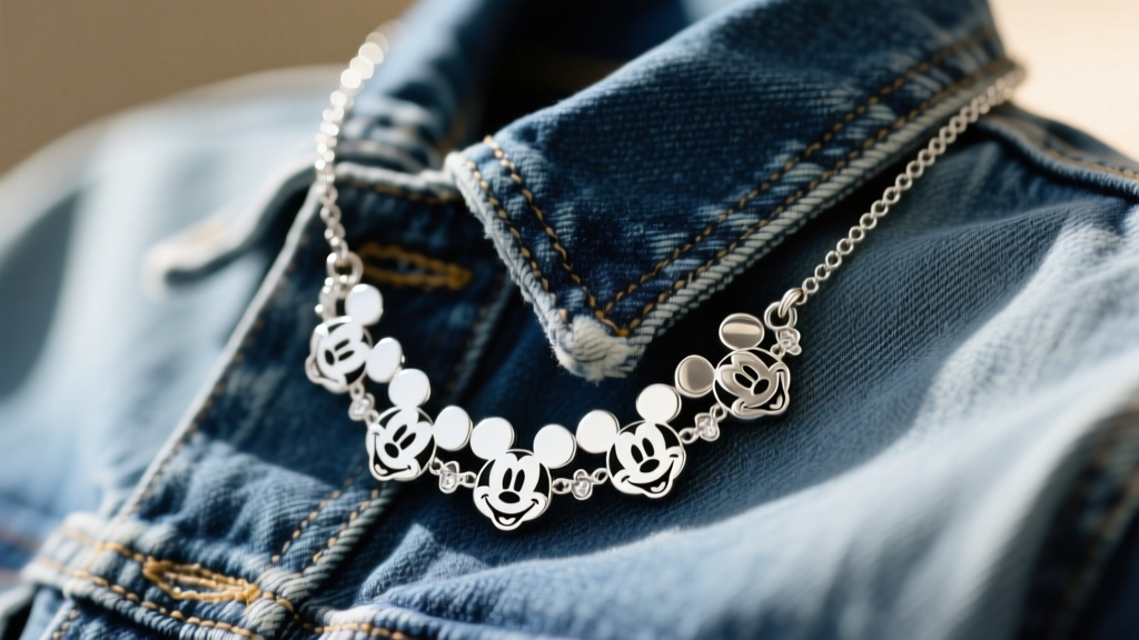Close-up of a sterling silver Girls Crew Disney necklace with interlocking Mickey silhouettes resting on a faded denim jacket