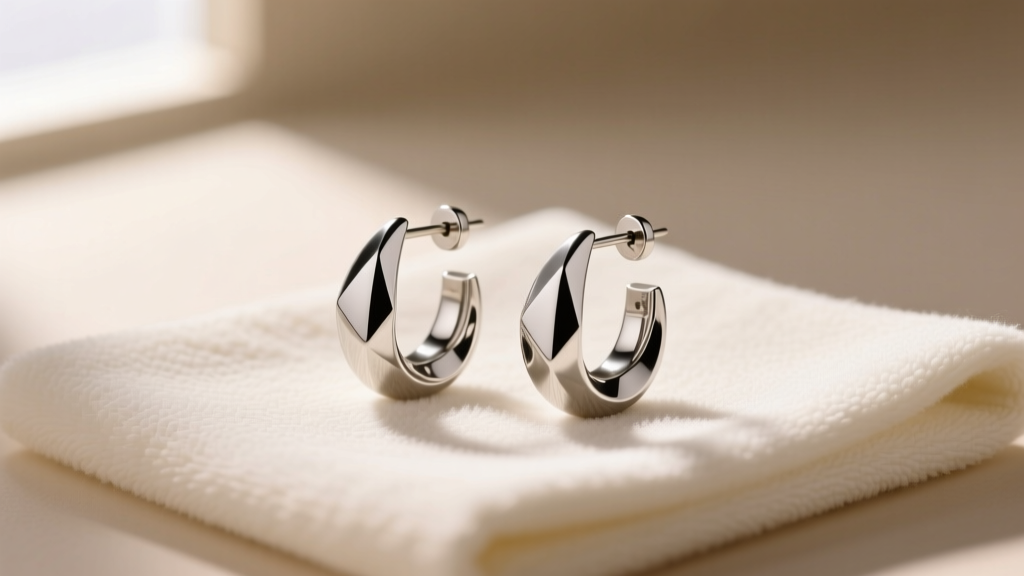 Close-up of implant-grade titanium Panacea earrings resting on a microfiber cloth, illuminated by soft natural window light.