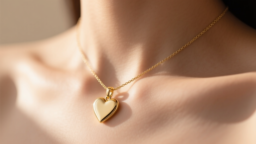Close-up of a delicate gold heart initial necklace on a collarbone, featuring a minimalist cable chain under soft natural light.
