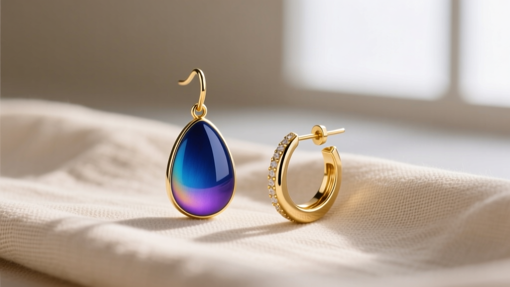 Side-by-side comparison of a luxury enamel drop earring and a solid 14k gold demi-fine alternative on a neutral linen fabric