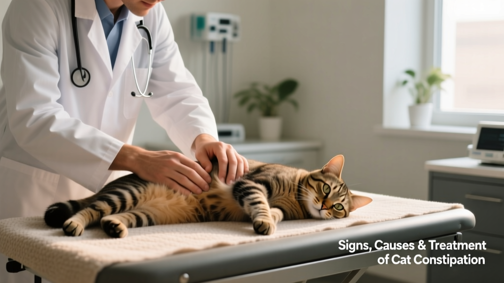 Veterinarian gently palpating a cat's abdomen during a physical exam