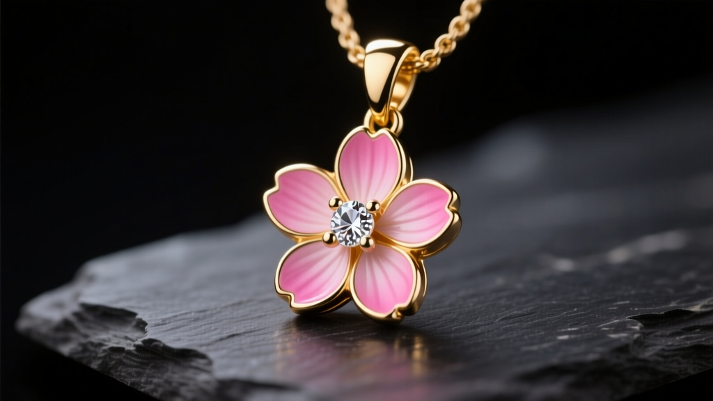 Macro shot of a gold sakura pendant with pink enamel petals and a diamond center resting on dark slate under soft studio lighting