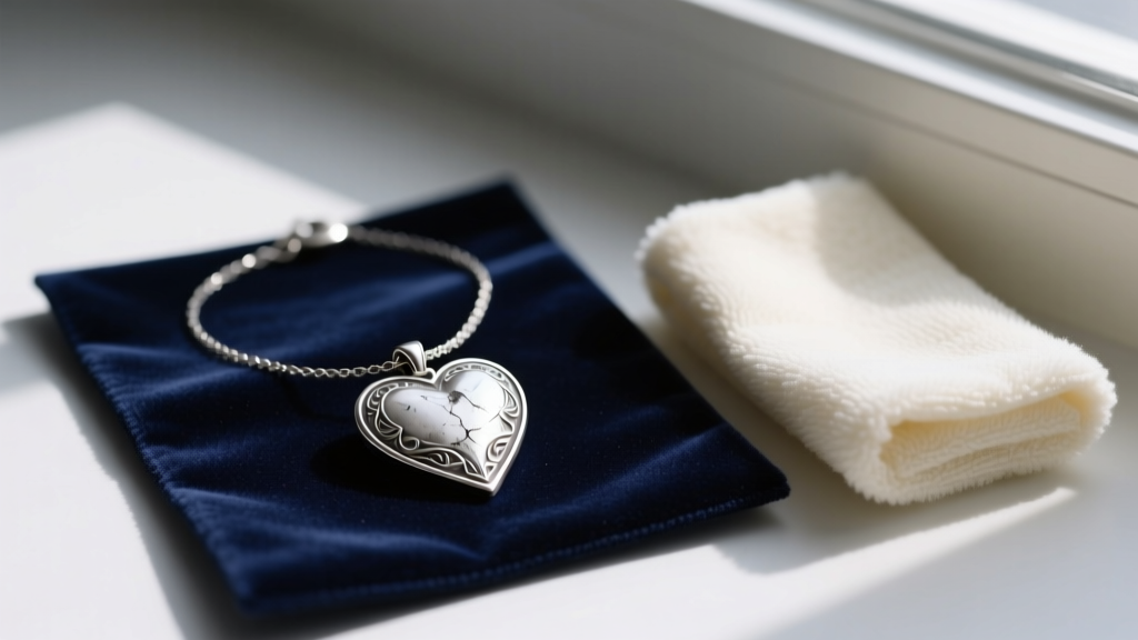 Tarnished sterling silver heart necklace resting on a dark velvet jewelry cleaning mat next to a soft microfiber polishing cloth