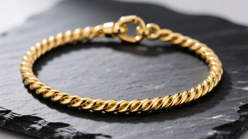 Close-up of a gleaming 14k yellow gold rope necklace on dark slate, highlighting intricate twisted links and a secure lobster clasp.