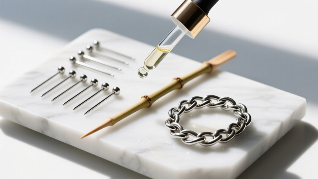 Overhead view of steel T-pins, a bamboo skewer, and a glass oil dropper next to a knotted platinum chain on a white marble slab.