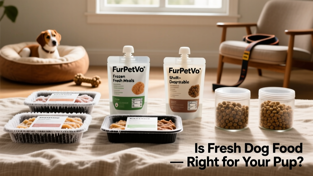 Side-by-side comparison showing FurPetVo's frozen fresh meals alongside shelf-stable pouches and dehydrated options, all clearly labeled and neatly packaged
