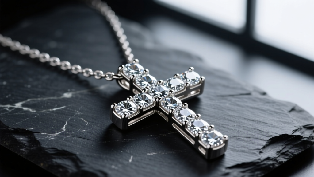 Close-up of a sterling silver cross necklace with prong-set clear cubic zirconia crystals resting on dark slate, studio lighting.