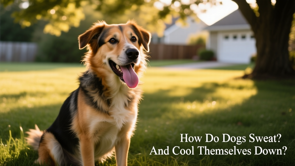 Dog panting with tongue out, sitting in shaded grass