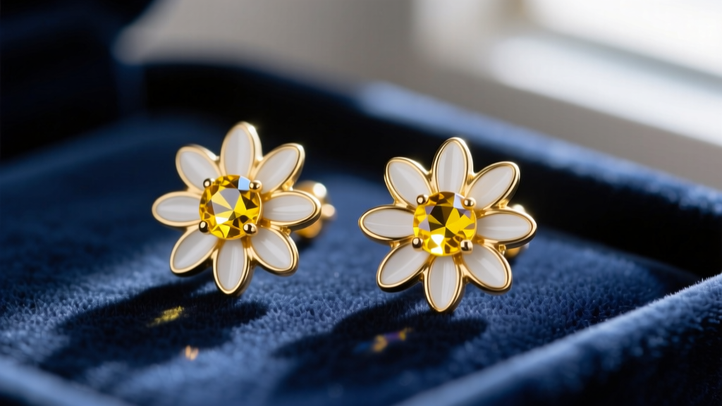 Macro shot of vintage gold-plated daisy stud earrings with white cold enamel petals and a yellow glass crystal center on velvet