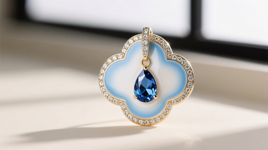 Macro photography of a vitreous enamel white gold cloud earring with pavé diamond accents and a London blue topaz teardrop gem