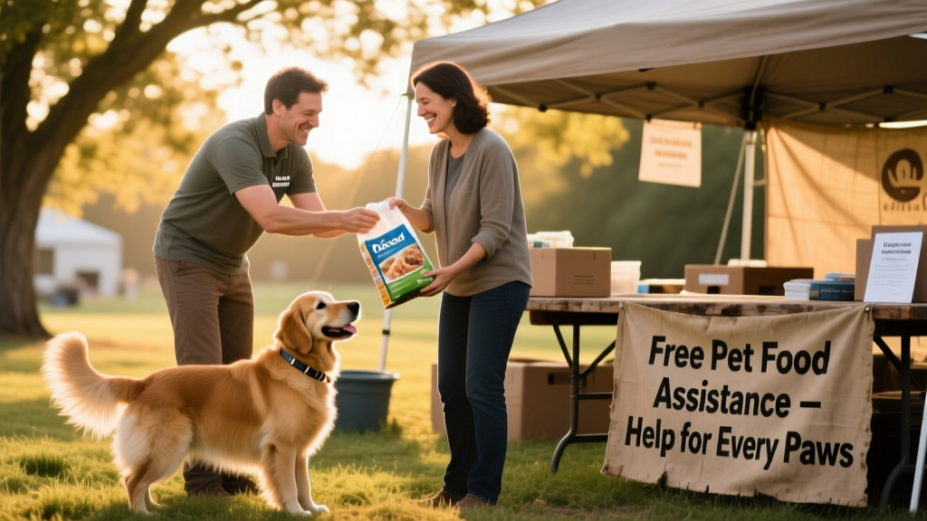 A volunteer handing a bag of pet food to a smiling pet parent at an outdoor distribution event