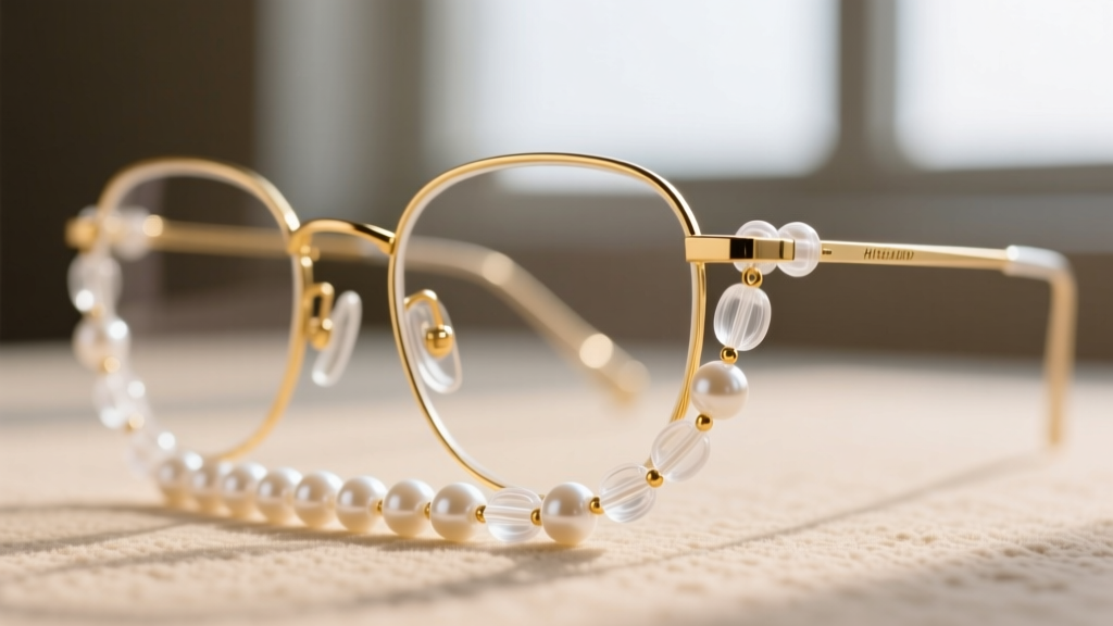 Macro shot of a beaded eyeglass chain with clear silicone loops attached to the temples of minimalist gold wire glasses, bright