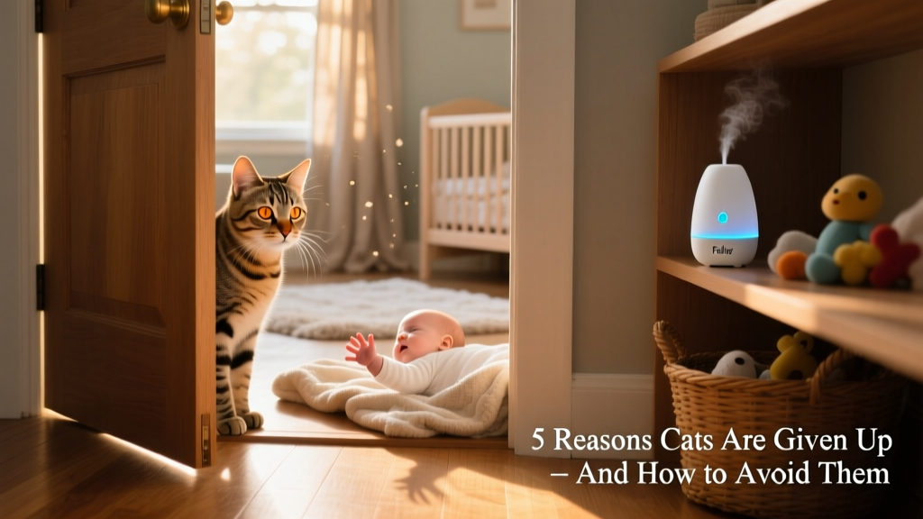 A calm cat observing a baby through a partially open door, with soft lighting and a Feliway diffuser visible on a shelf