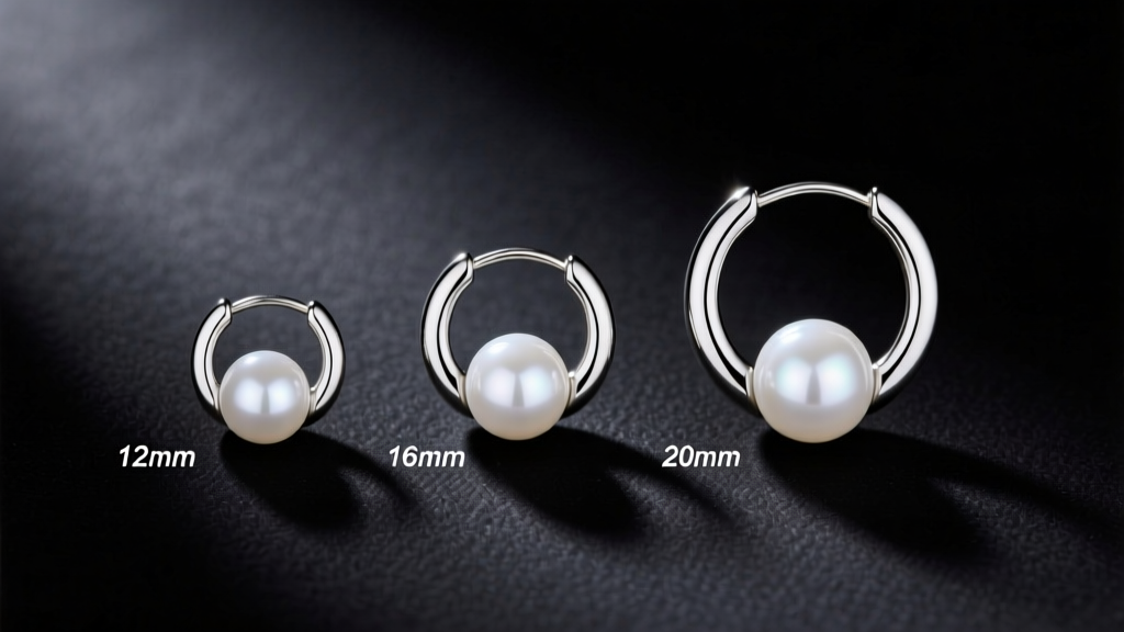 Top-down layout of small pearl hoop earrings in 12mm, 16mm, and 20mm sizes, showing matched round white pearls on dark velvet.