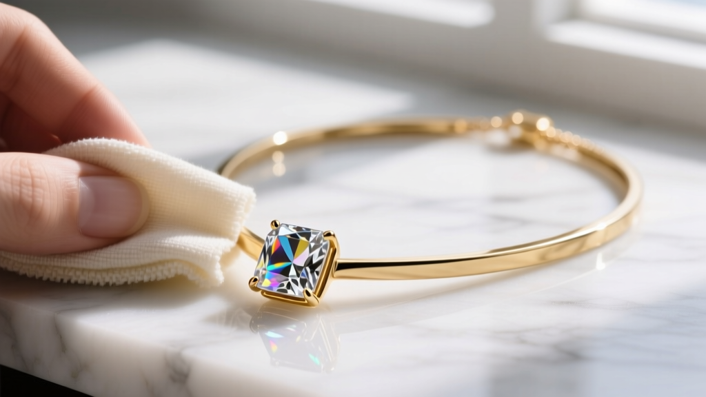 A gold-plated fashion necklace with a cubic zirconia pendant being carefully wiped with a dry microfiber cloth, avoiding liquid.