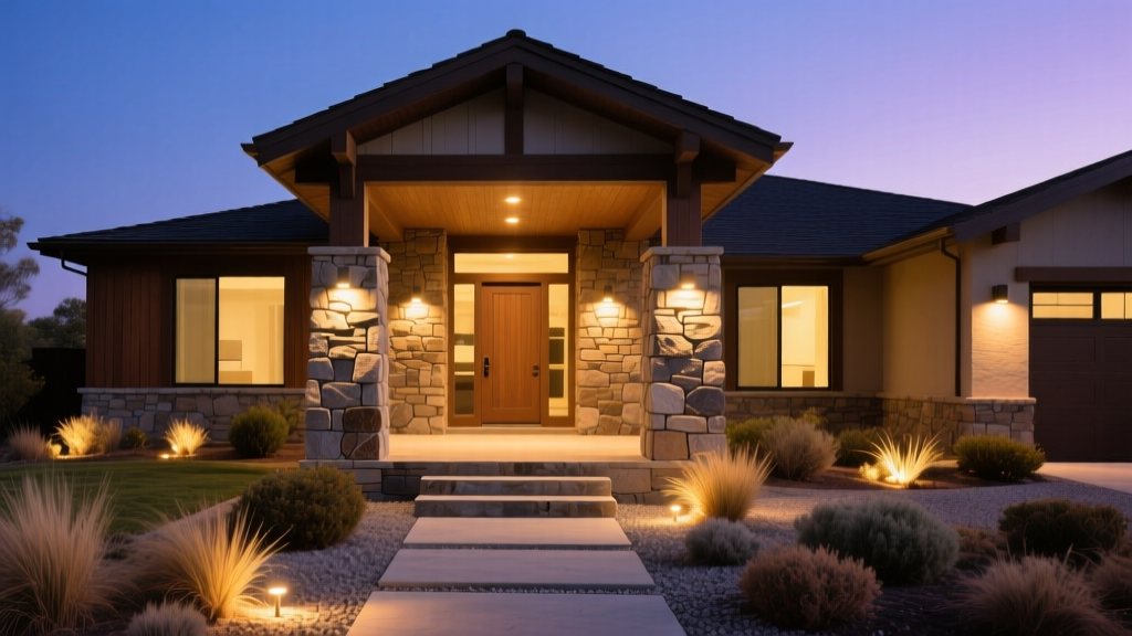 Craftsman home exterior featuring a stone veneer front porch with stacked limestone pillars and warm integrated landscape lighting at dusk