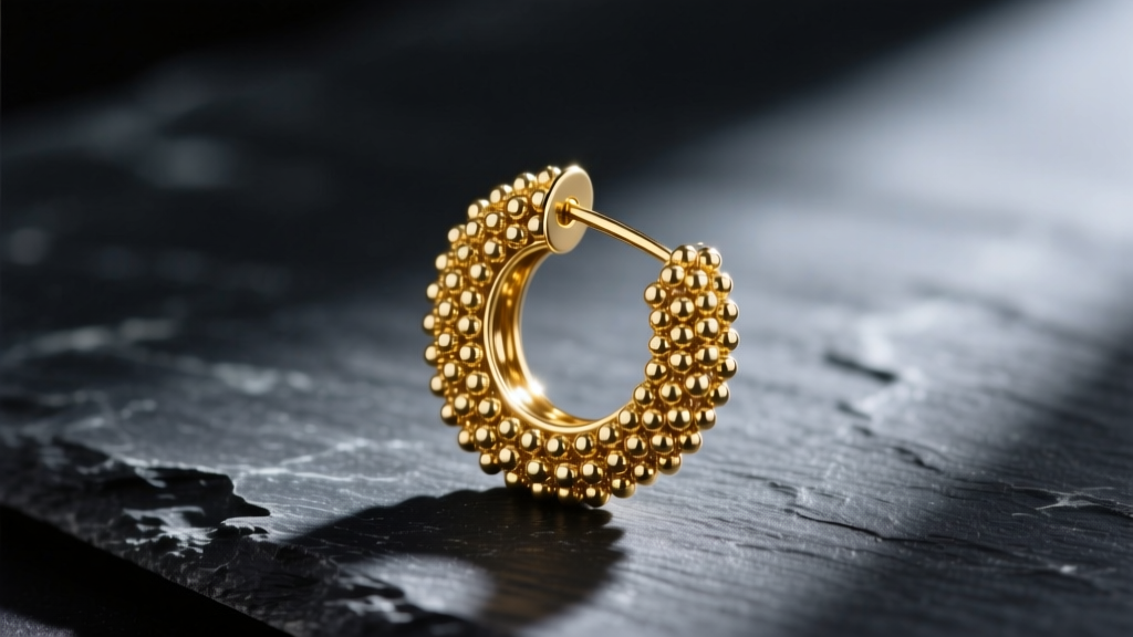 Handmade 22k gold granulation earring resting on dark slate, highlighting tiny fused gold spheres and oxidized surface details