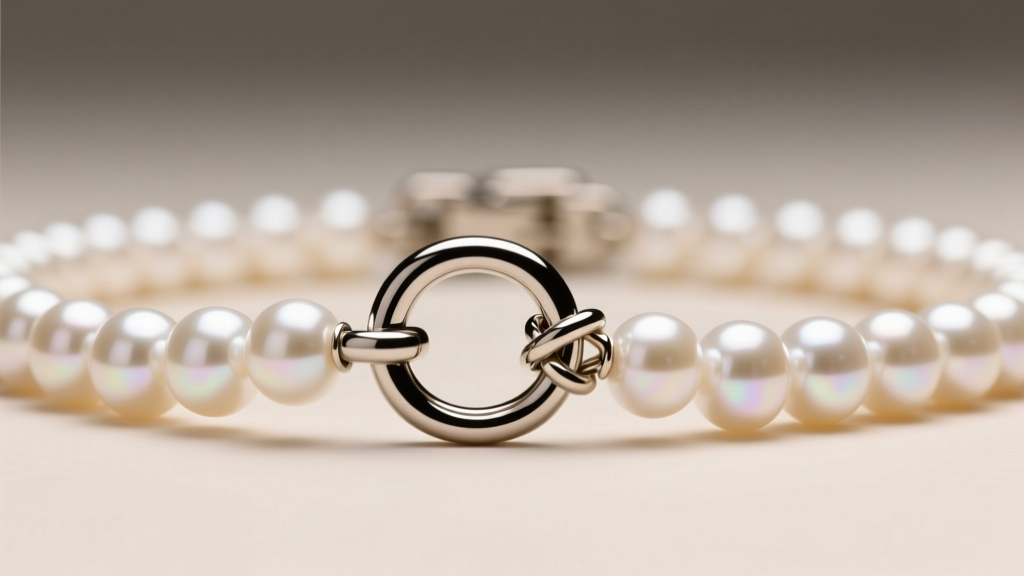 Macro photo of a pearl necklace dog collar showing a stainless steel D-ring intersecting knotted white freshwater pearls