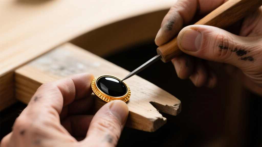 Close-up of a jeweler using a wooden pusher to tighten a 14k gold bezel wall around a smooth black onyx cabochon on a workbench.