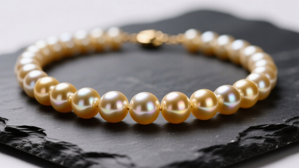 Macro shot of a 14mm golden PNG South Sea pearl necklace resting on dark slate, highlighting its deep, satin-like surface luster.