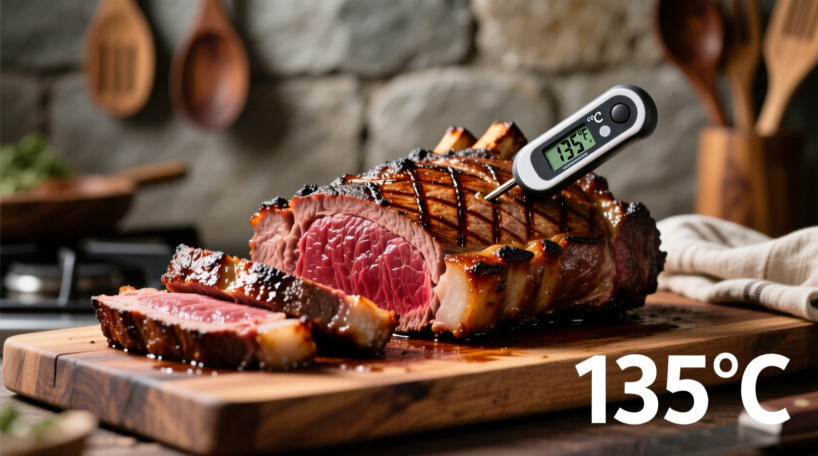 Perfectly cooked prime rib with internal temperature reading