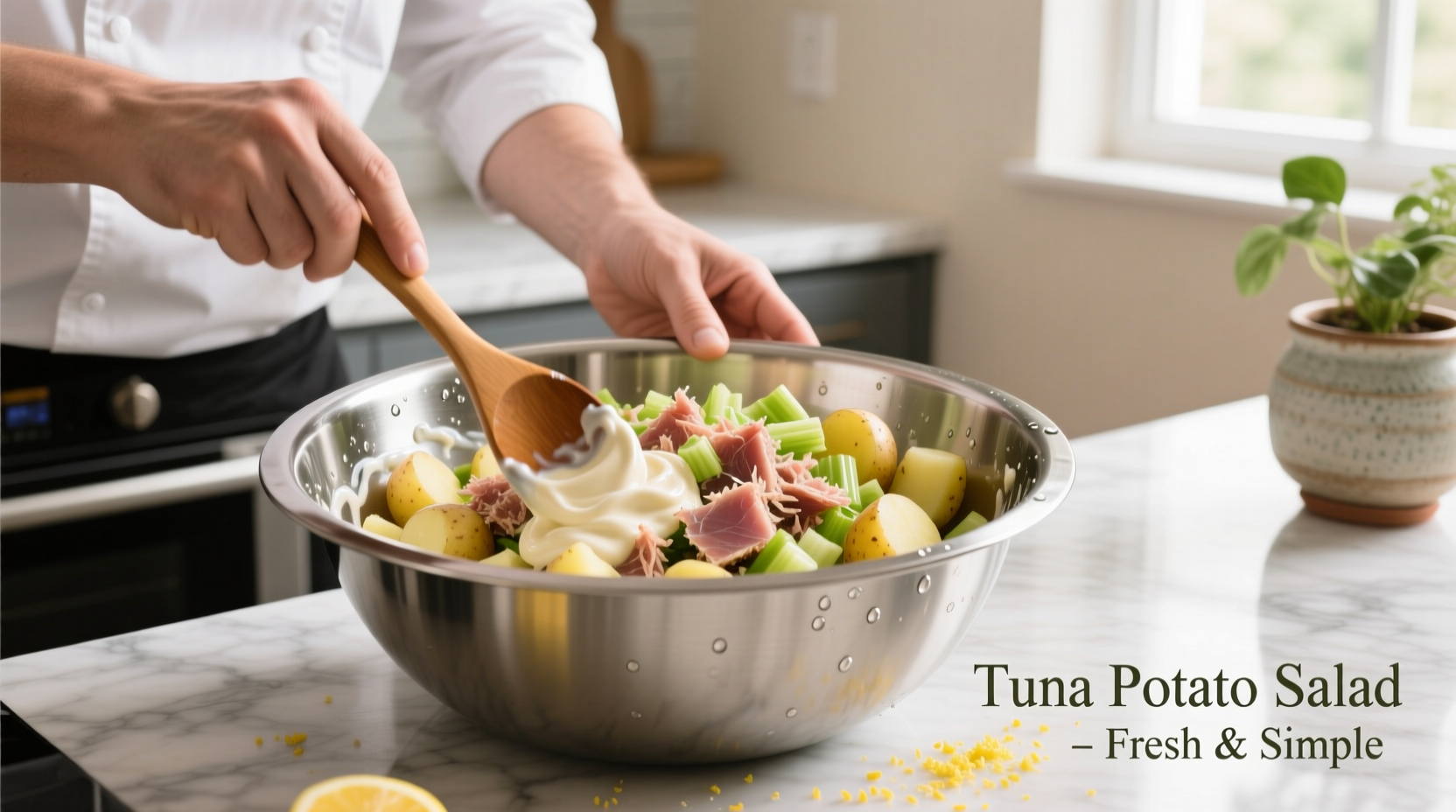 Chef preparing tuna potato salad in stainless steel bowl