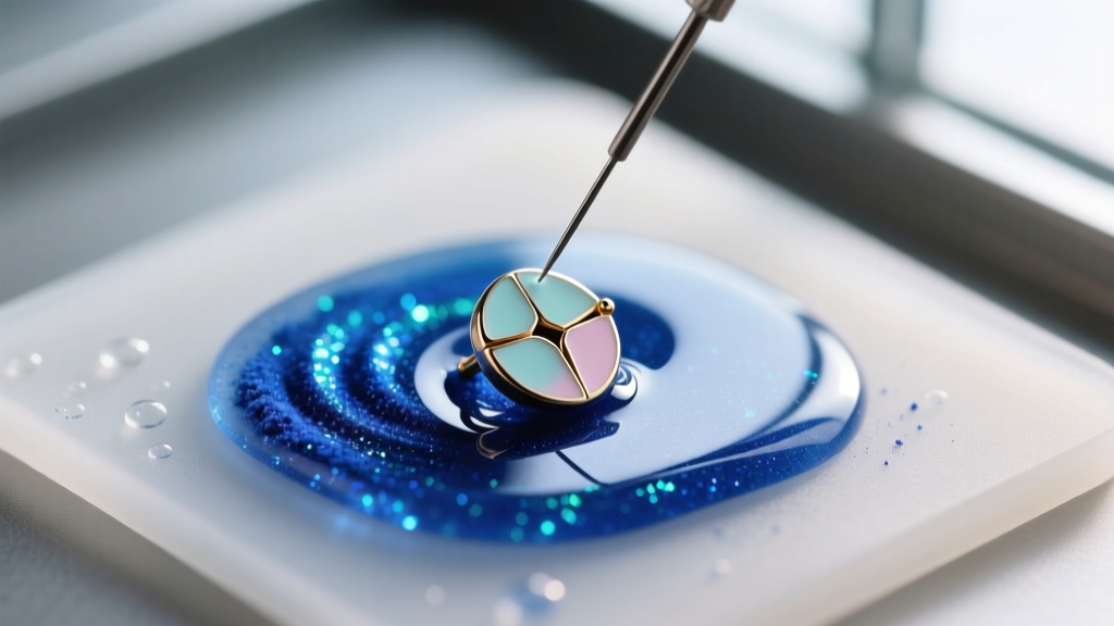 Top-down view of clear epoxy resin, cobalt blue mica powder, and a fine needle repairing a chipped enamel stud earring on a silicone mat