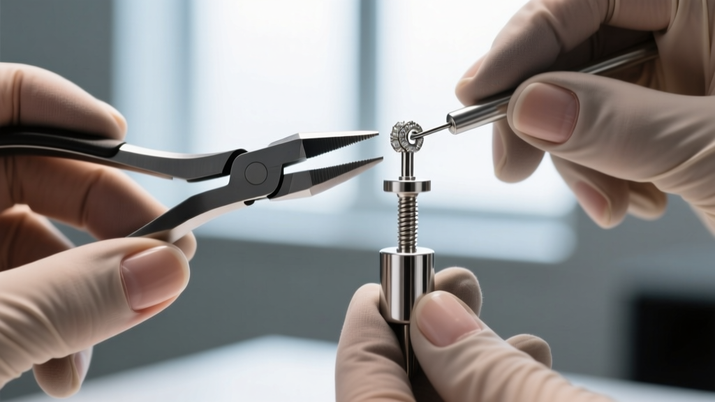Piercer using pliers to adjust the pin of a threadless jewelry end, securing it firmly inside a polished titanium labret post
