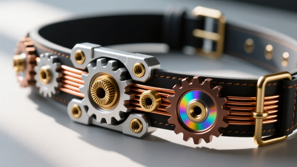 Close-up of a 3D printed Gadget Hackwrench toolbelt featuring brass threaded inserts, copper wiring, and freshly painted metallic gears