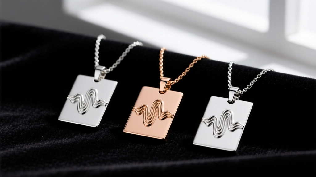 Flat lay of three rectangular soundwave pendants in sterling silver, rose gold, and stainless steel on a dark velvet jeweler