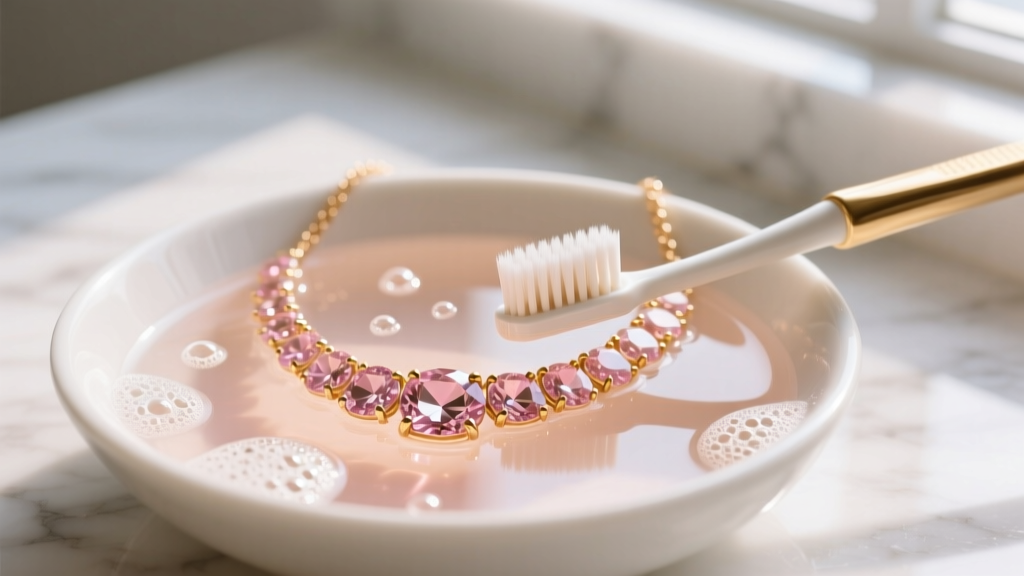 Soft-bristled toothbrush gently scrubbing the pavilion of a rose-gold morganite necklace submerged in a bowl of warm soapy water.