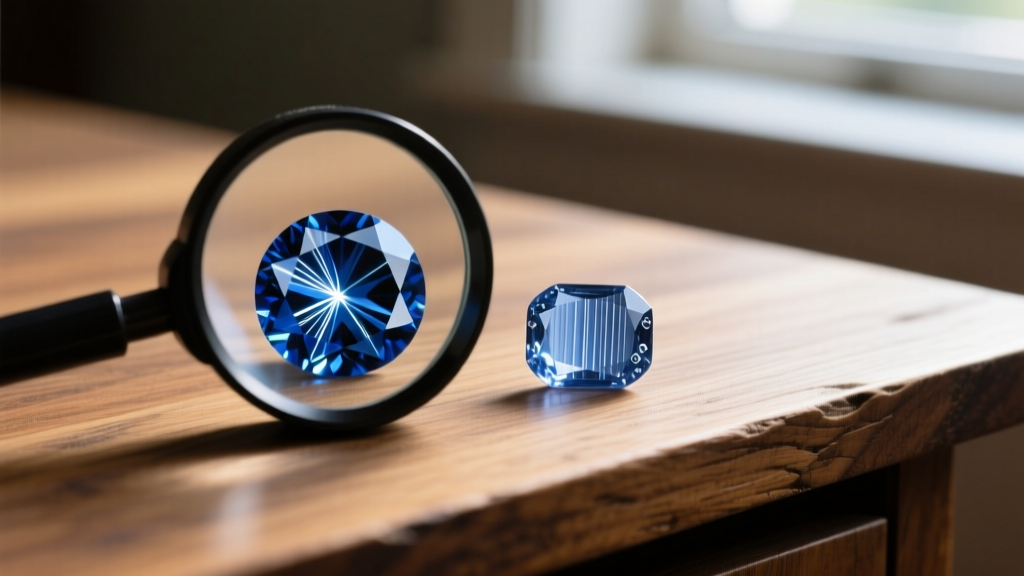 Macro shot of natural star sapphire with rutile silk beside synthetic Verneuil sapphire, viewed through a loupe on a wooden desk.