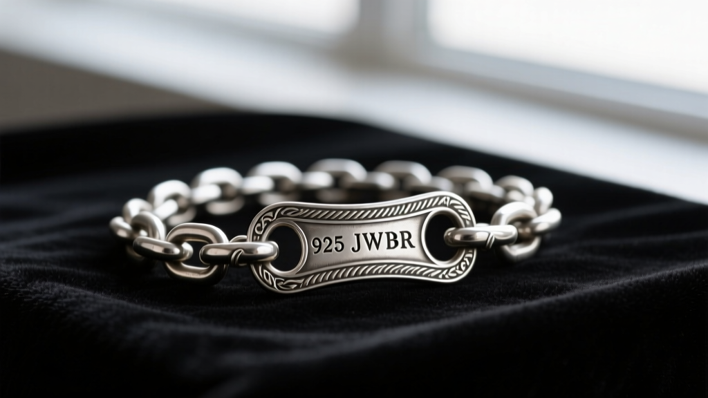 Macro shot of a vintage sterling silver chain clasp stamped with 925 and JWBR hallmarks, resting on dark velvet.