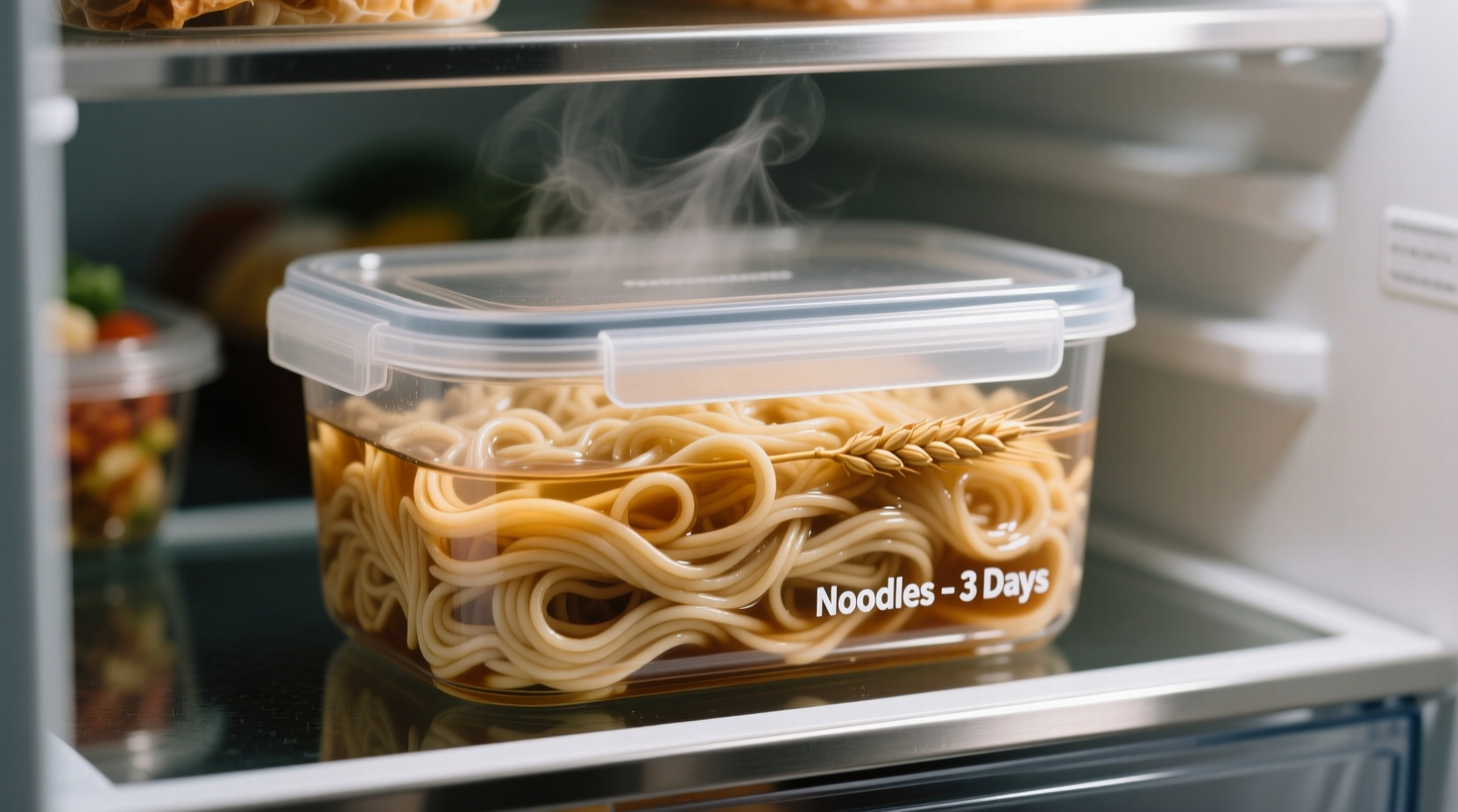 Cooked noodles stored in airtight container in refrigerator