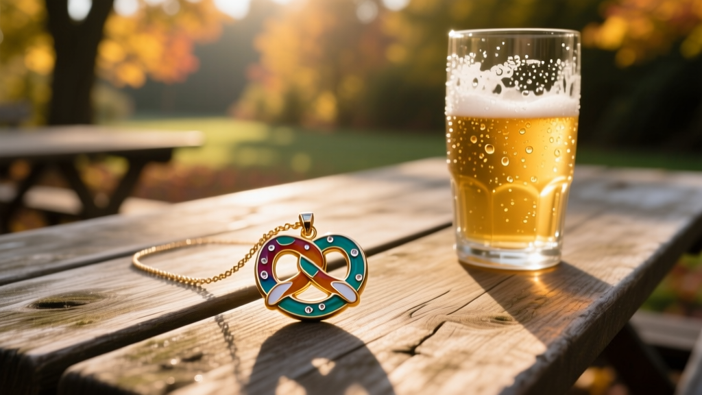 Enameled pretzel pendant necklace on a rustic wooden beer garden table next to a frosted glass stein in warm golden hour lighting