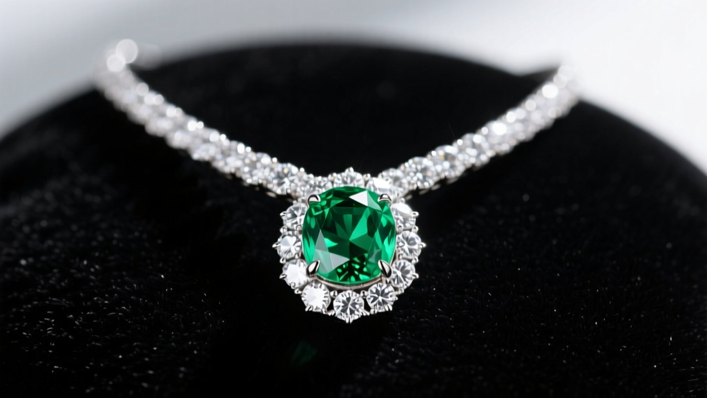 Close-up of an emerald and diamond pendant necklace on black velvet, showing the vivid green gem and sparkling white diamond halo.