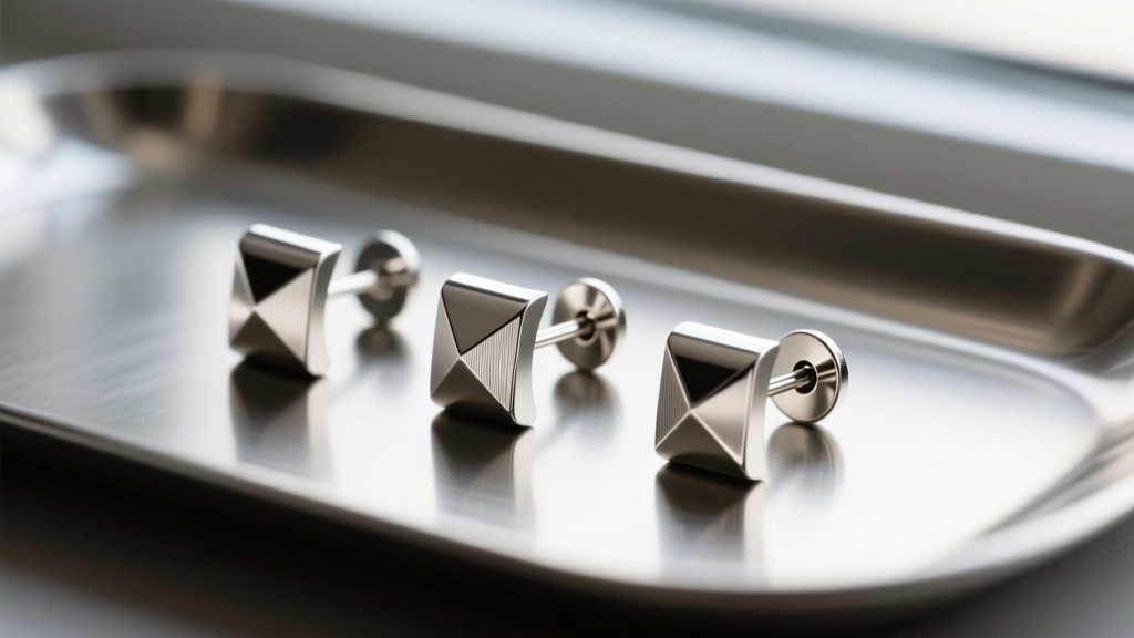 Macro shot of three titanium earring posts resting on a metallic jeweler's measuring gauge under bright studio lighting.