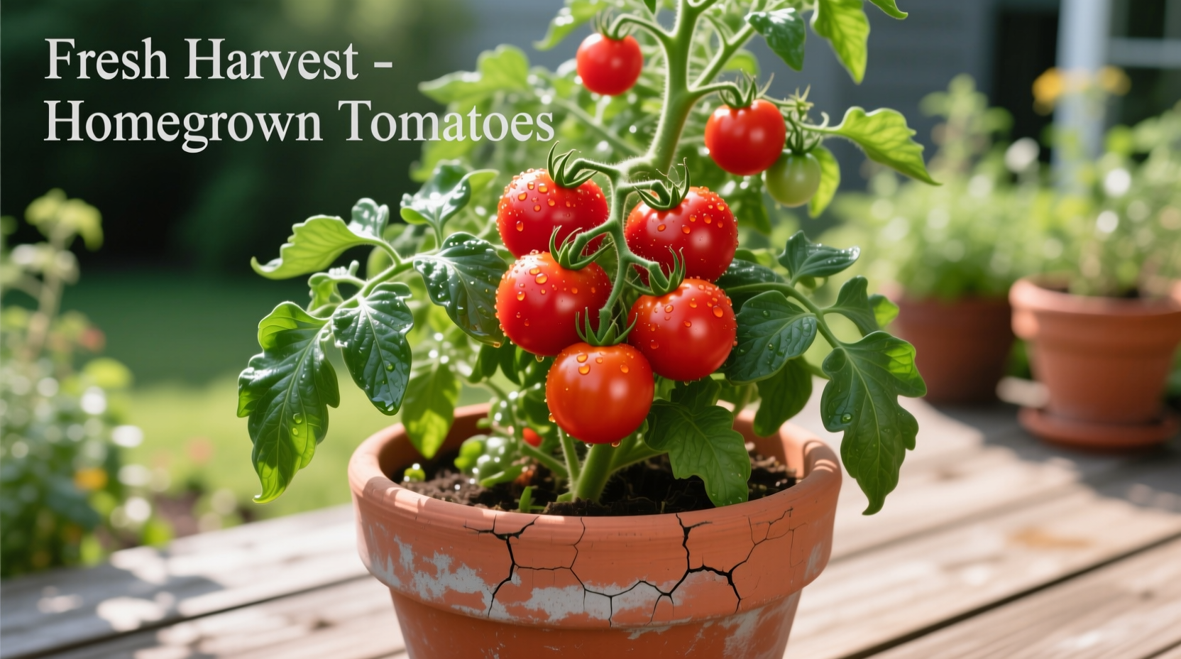 Healthy tomato bush plant with red fruit in container