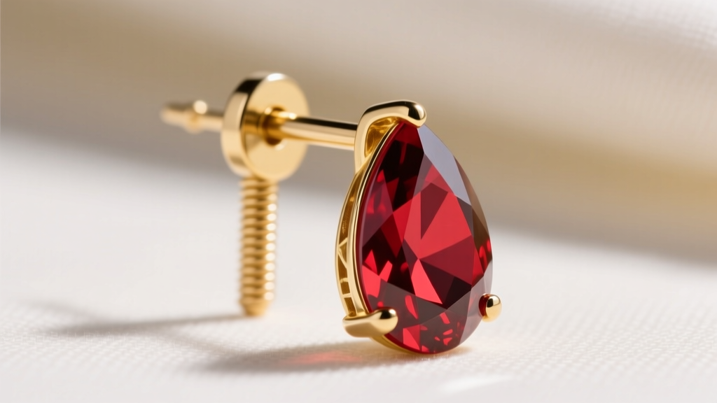 Close-up of an 18-gauge gold earring post with a spring-loaded La Pousette backing to support heavy red teardrop gemstones.