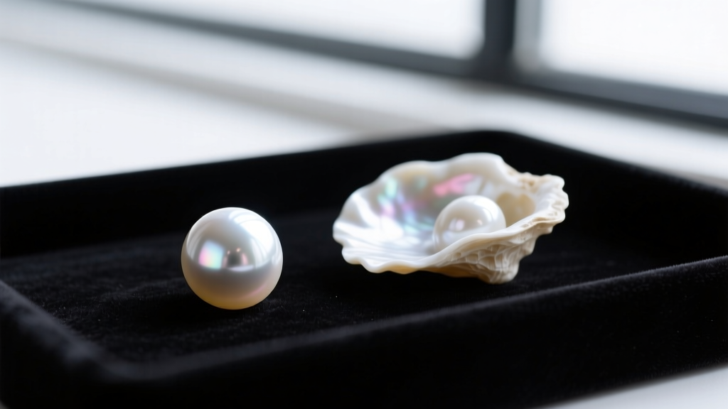 Macro shot comparing a perfectly round AAA Hanadama Akoya pearl to an irregular white baroque freshwater pearl on a velvet tray